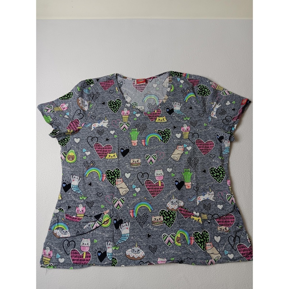 Dickies Womens XL Gray Animal Print Tunic T-Shirt V-Neck Flutter Sleeve Pockets